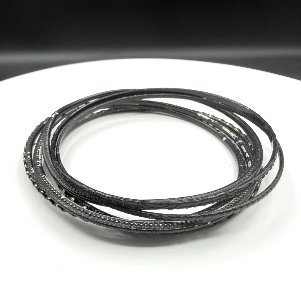 Black Textured Bangle Bracelet Set Stack Gothic Boho Layering Fashion 7 Pcs
